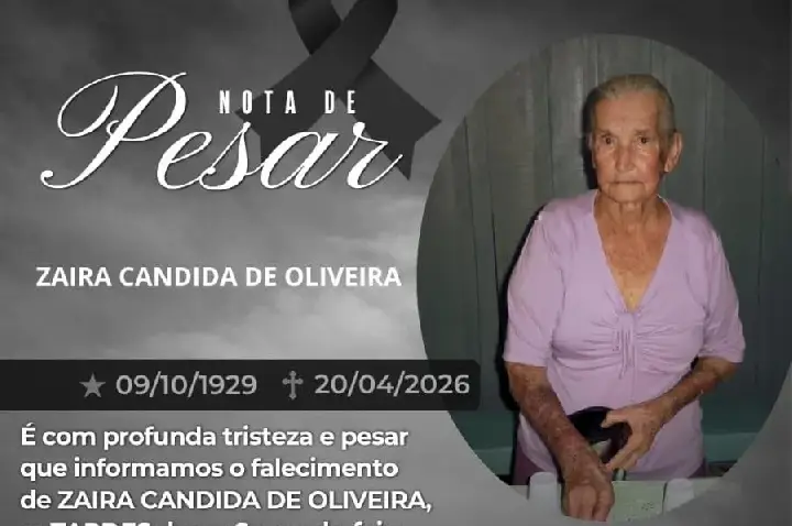 Nota de falecimento de Zaira Cândida de Oliveira, mãe do produtor rural Toninho do Alho