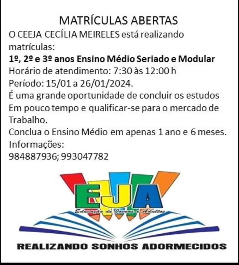 O CEEJA Cecília Meireles de Nova Brasilândia está realizando matrículas