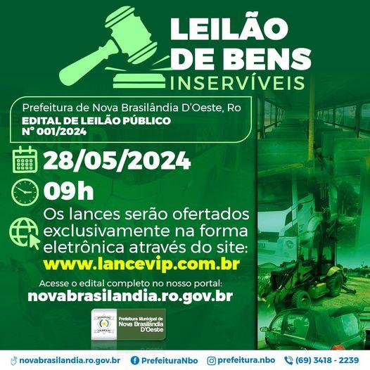 EDITAL DE LEILÃO PÚBLICO Nº 001/2024 da prefeitura municipal de Nova Brasilândia do Oeste