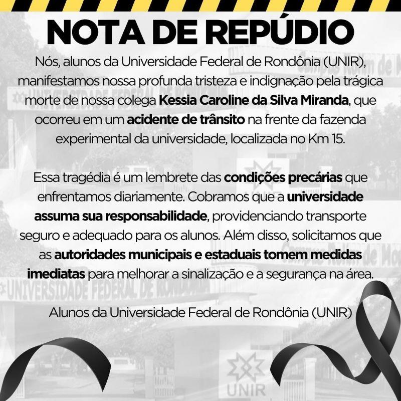 Acadêmicos da UNIR farão manifestação, cobrando transporte seguro, após morte de estudante na RO-479 em Rolim de Moura