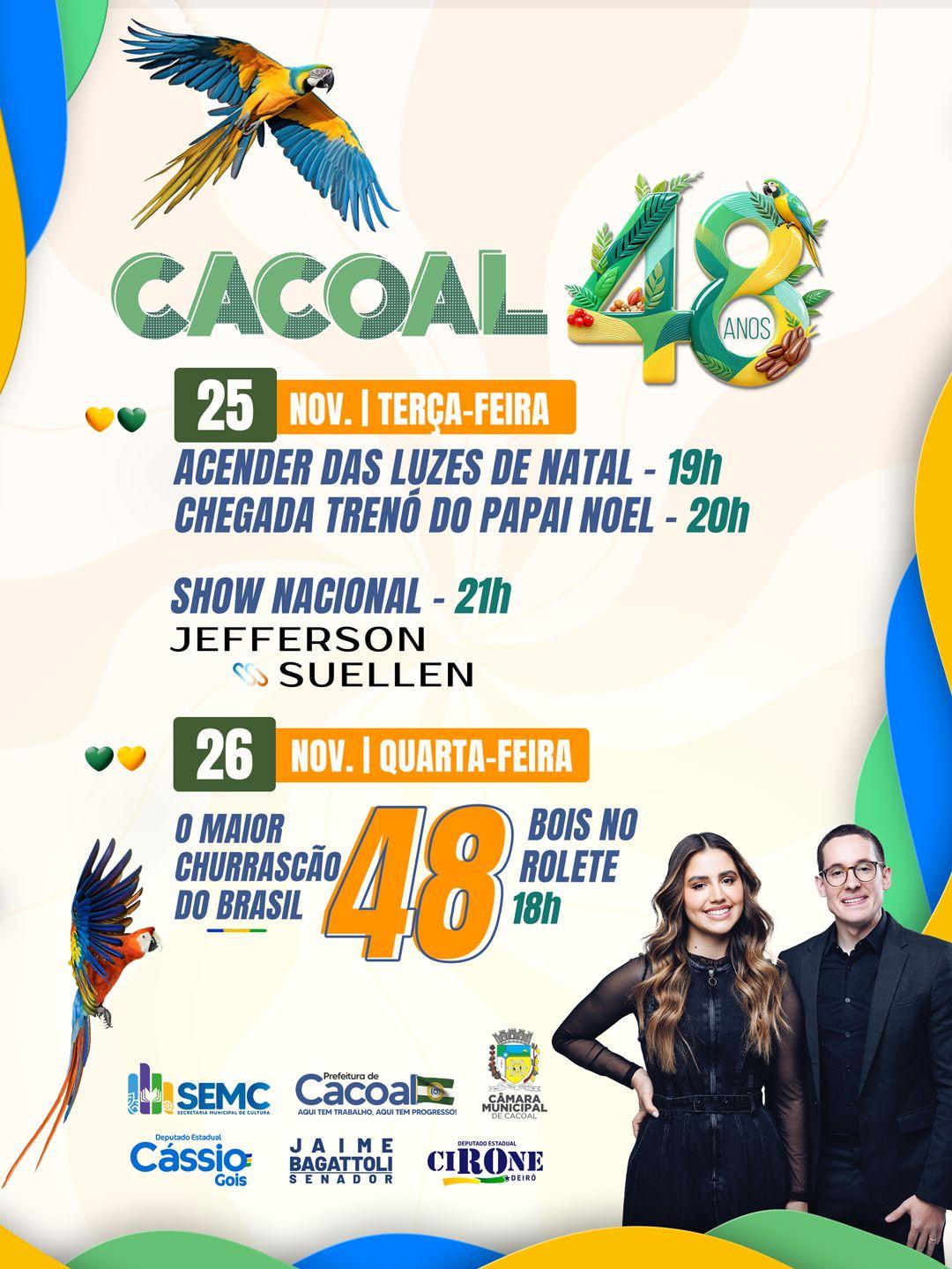 Cacoal celebra 48 anos com programação especial, luzes de Natal, show nacional e o tradicional churrascão com 48 bois no rolete