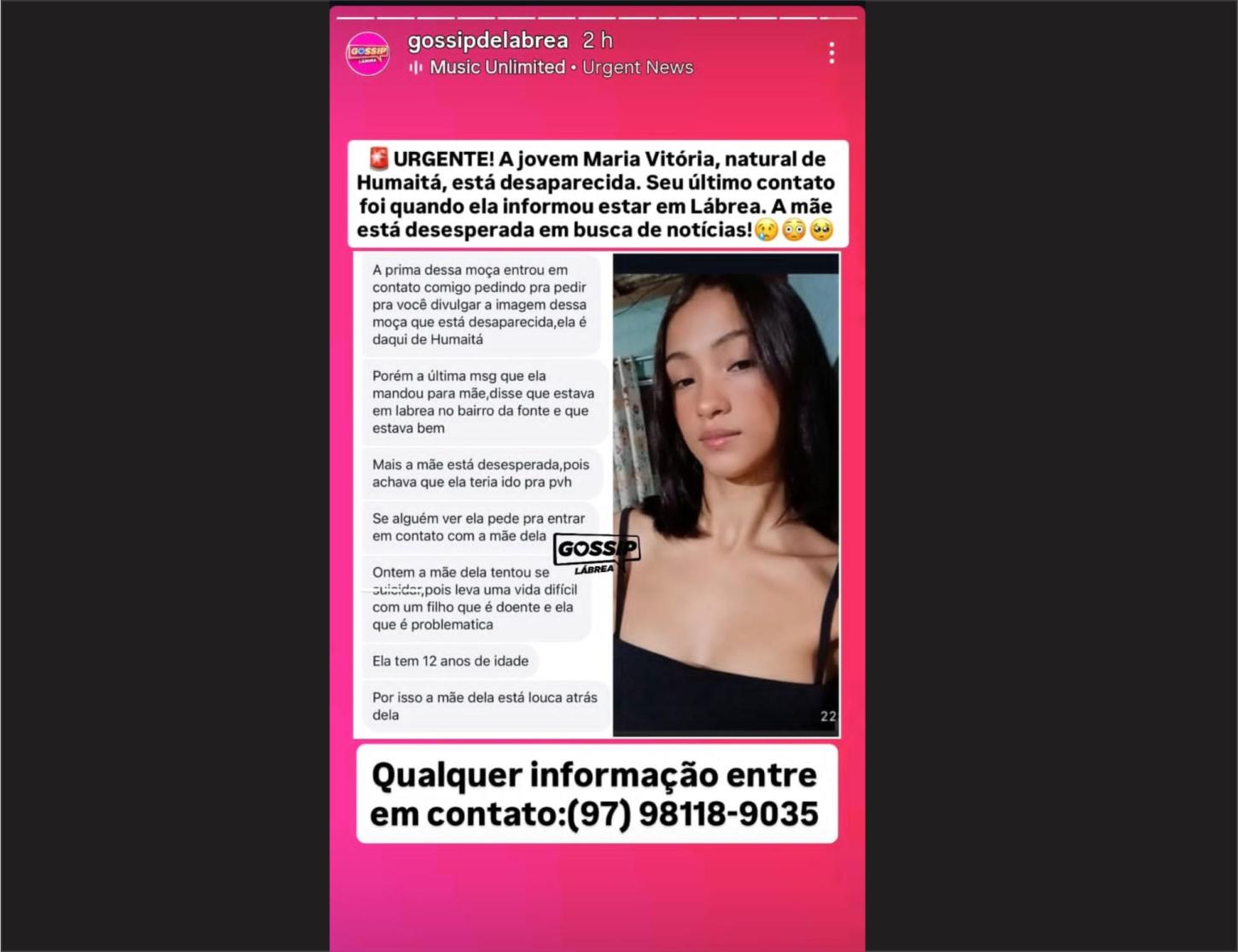 UTILIDADE PÚBLICA - JOVEM ESTÁ DESAPARECIDA NO SUL DO AMAZONAS