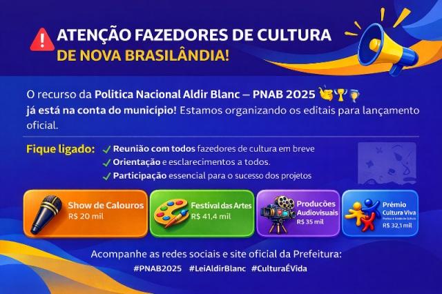 Nova Brasilândia confirma recebimento do recurso da Aldir Blanc – Ciclo 2 e prepara lançamento dos editais