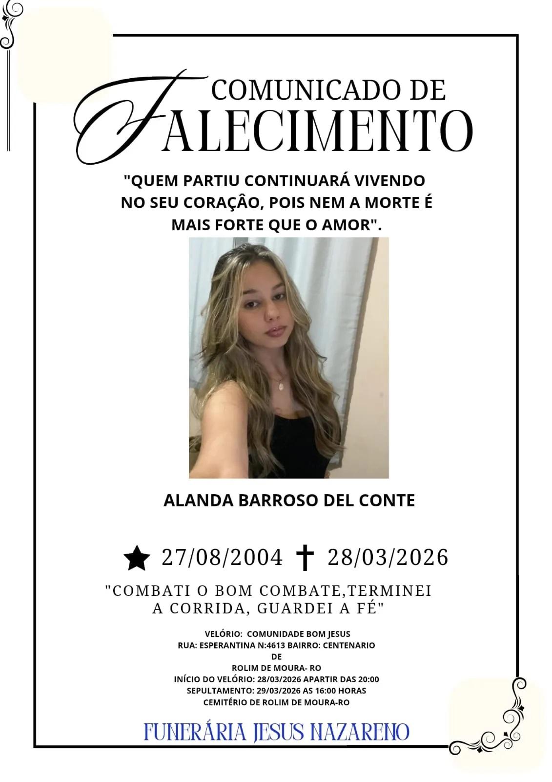 Nota de falecimento - Alanda Barroso Del Conte