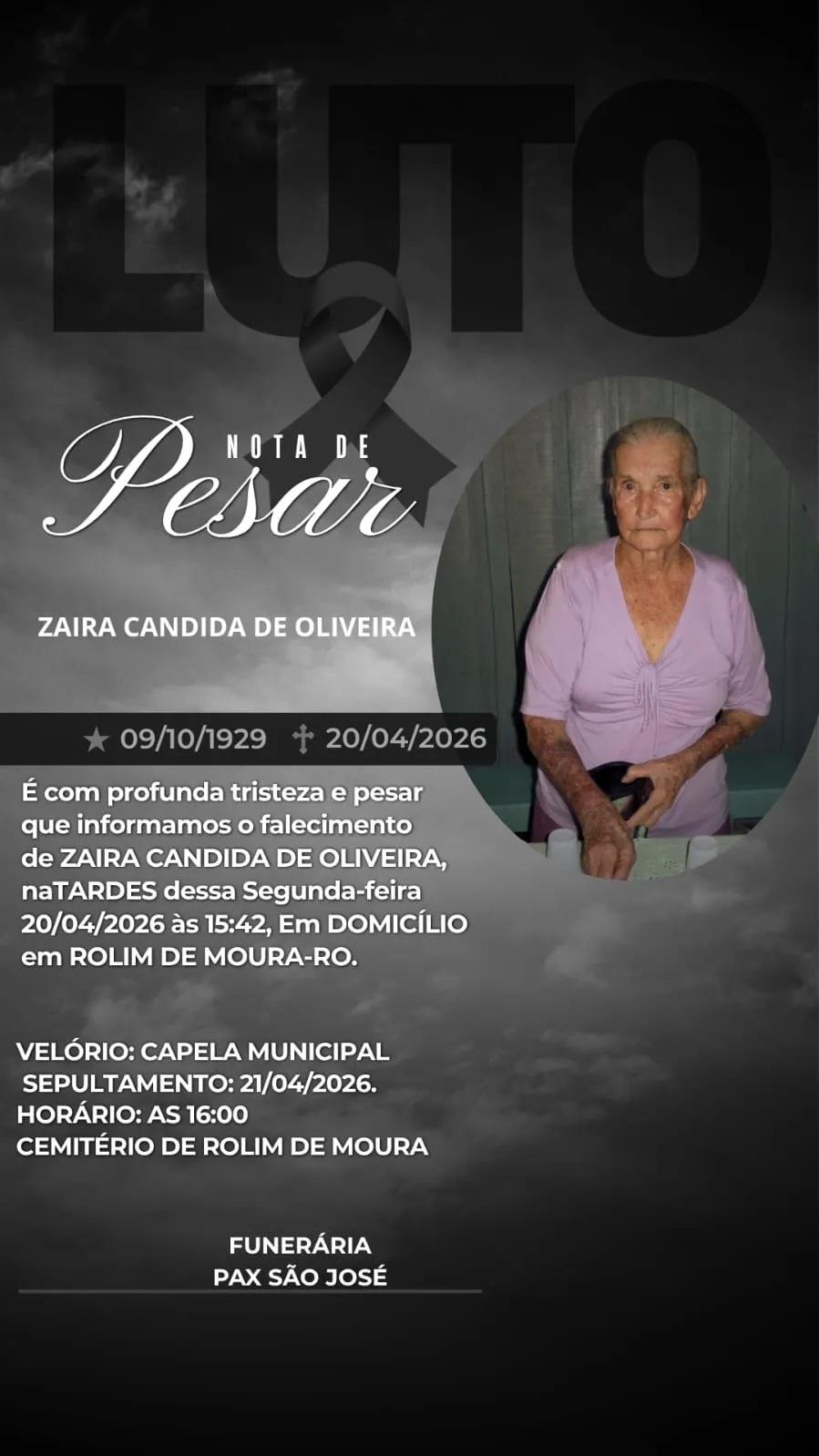 Nota de falecimento de Zaira Cândida de Oliveira, mãe do produtor rural Toninho do Alho