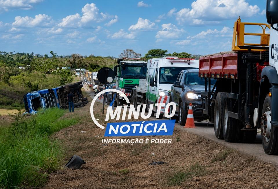 Carreta tomba após colisão com ônibus que transportava pacientes na BR-364, em Cacoal, RO