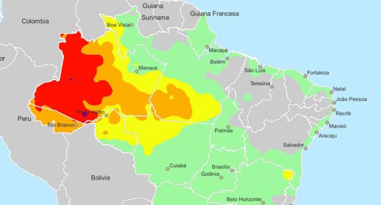 CPTEC/Inpe aponta risco elevado de chuva intensa em Rondônia, com núcleo crítico próximo a Porto Velho