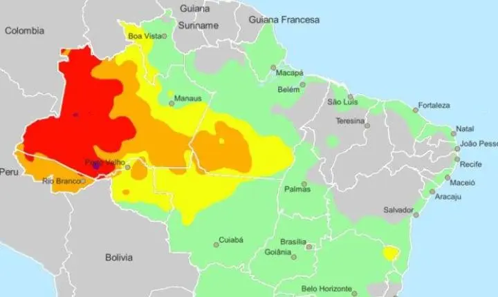 CPTEC/Inpe aponta risco elevado de chuva intensa em Rondônia, com núcleo crítico próximo a Porto Velho