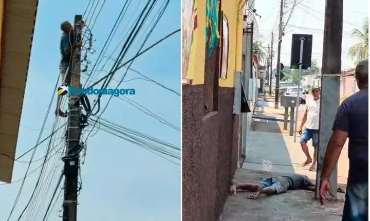 Homem morde rede de energia, leva choque e cai de poste em Porto Velho