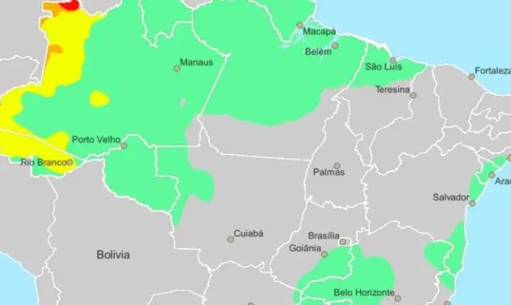 Rondônia entra em faixa de chuva intensa nas próximas 48 horas, com área de Nível 1 no oeste