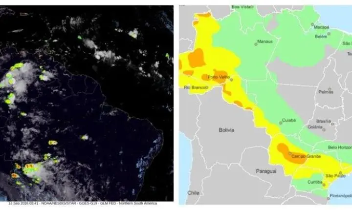 Satélite mostra áreas de instabilidade em Rondônia durante período de previsão de chuva intensa